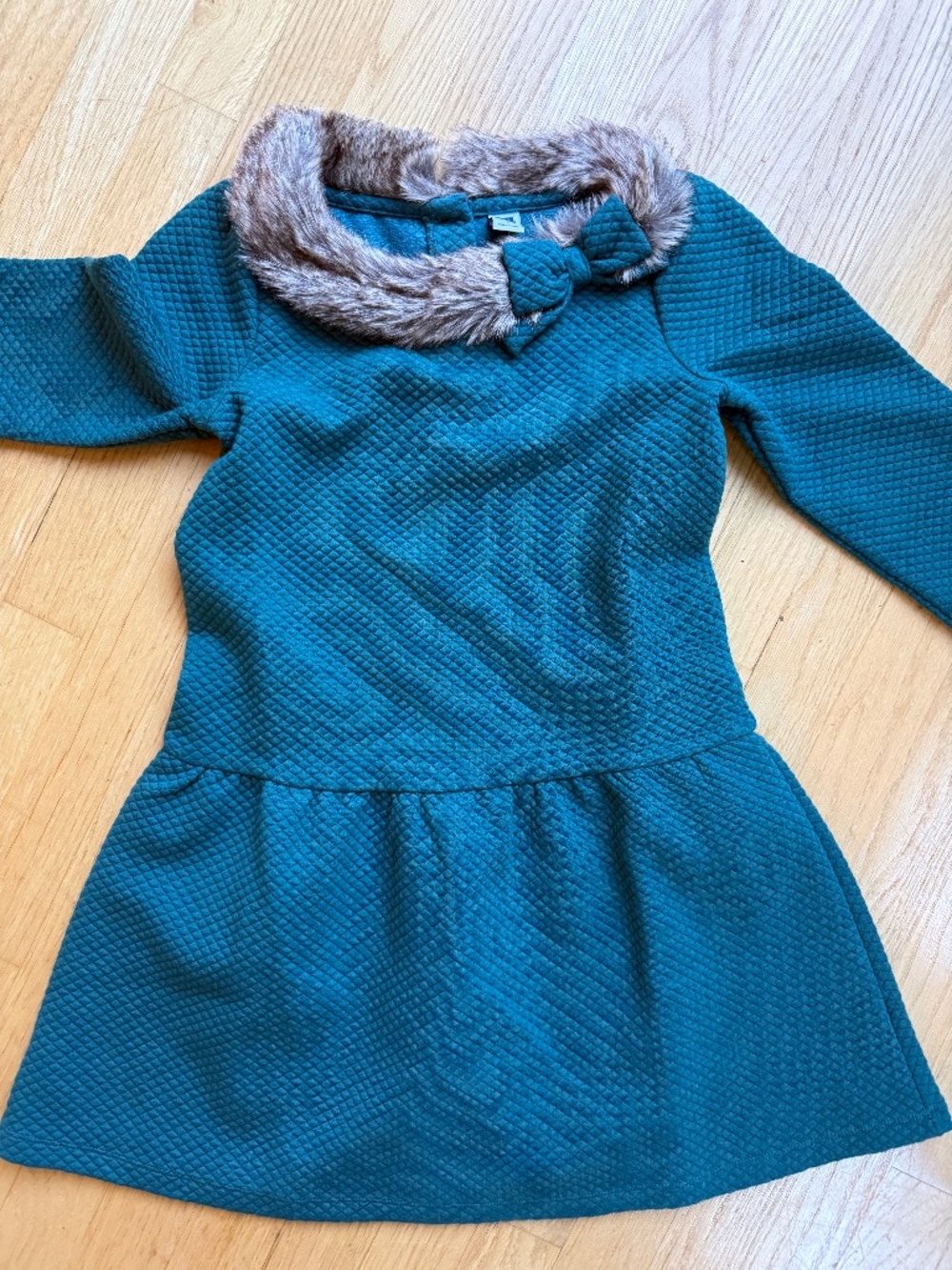 Janie and Jack Size 8 Teal/Green Quilted Dress Bow + Fur Collar